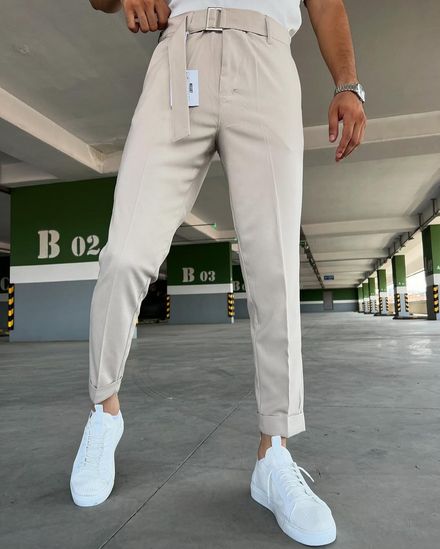Erkek Bej Kemerli Kumaş Pantolon SlimFit