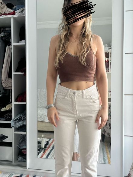 Bej Yüksek Bel Mom pantalon