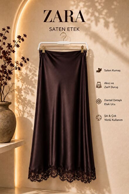 Zara Saten Dantel Detaylı Etek