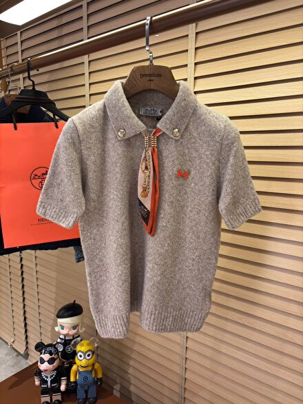 Hermes Polo Yaka Fularlı Taş Rengi Triko