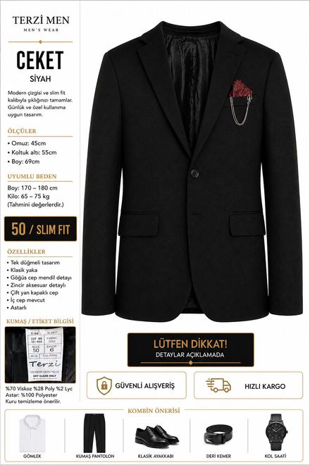 Terzi Men Siyah Slim Fit Erkek Ceket 50