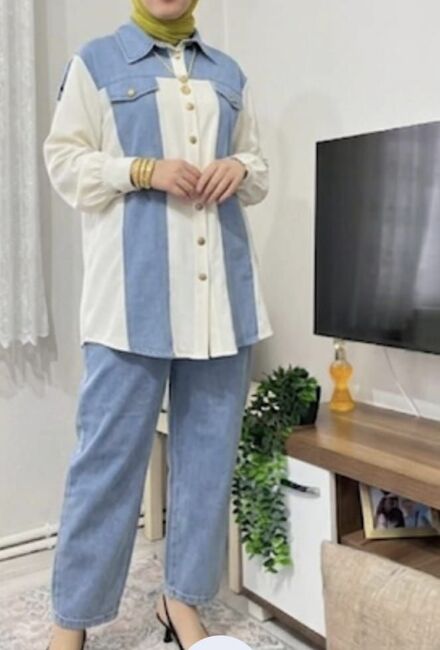Koton Kumaş Bloklu Denim İkili Takım