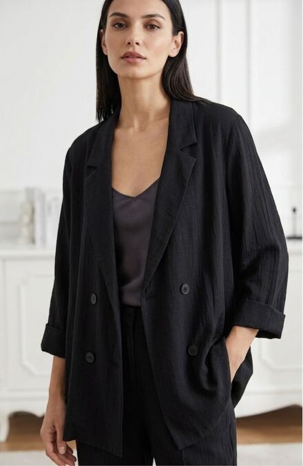 Siyah Kruvaze Blazer tril Ceket