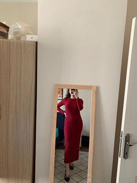 Bordo Uzun Kollu Bodycon Elbise