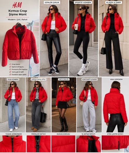 H&M Kırmızı Crop Şişme Mont