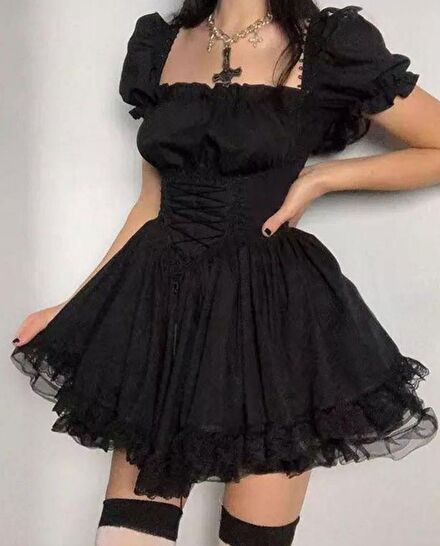 Korse detaylı siyah gotik elbise
