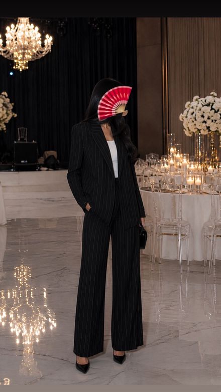 Siyah Çizgili Blazer Palazzo Takım